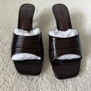 SCHUTZ Dark Brown Croc-Embossed kitten heel